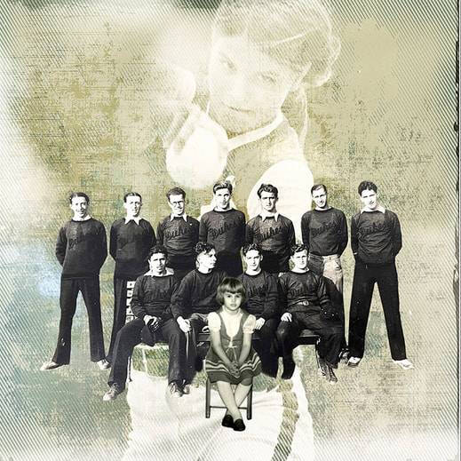 Foreground has black and white photograph of a team with one girl sitting out front. Faded photograph image of a girl in the background.